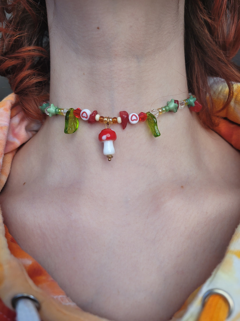 Strawberry Mushroom Hand Beaded Necklace