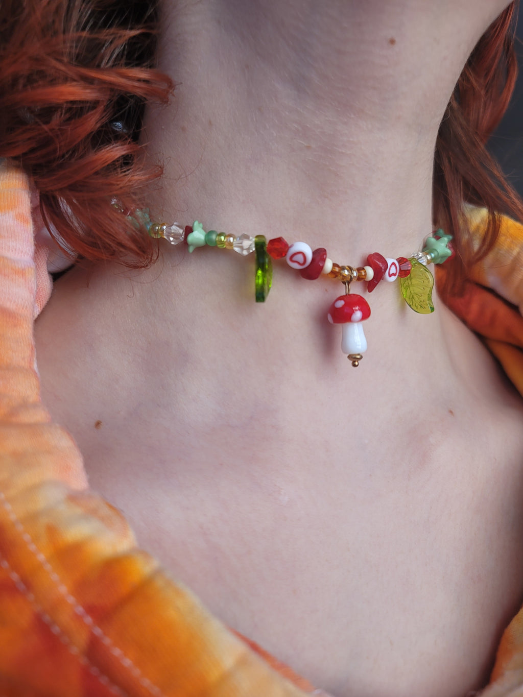 Strawberry Mushroom Hand Beaded Necklace